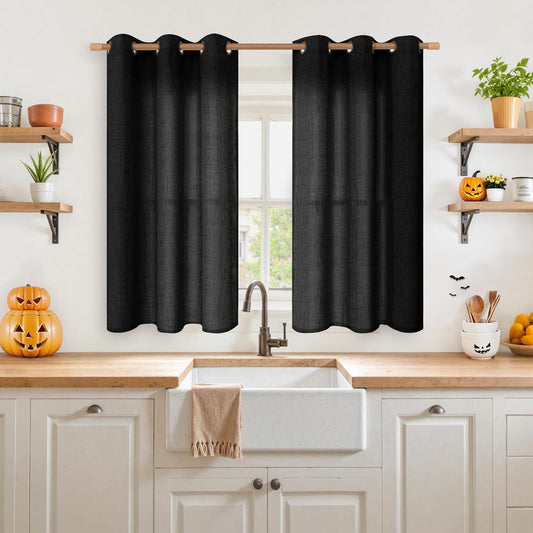 YoungsTex Black Linen Curtains 54 Inch Length for Short Window, Semi Sheer Drapes with Bronze Grommet Light Filtering Privacy for Kitchen Living Room, 42 x 54 Inch, 2 Panels