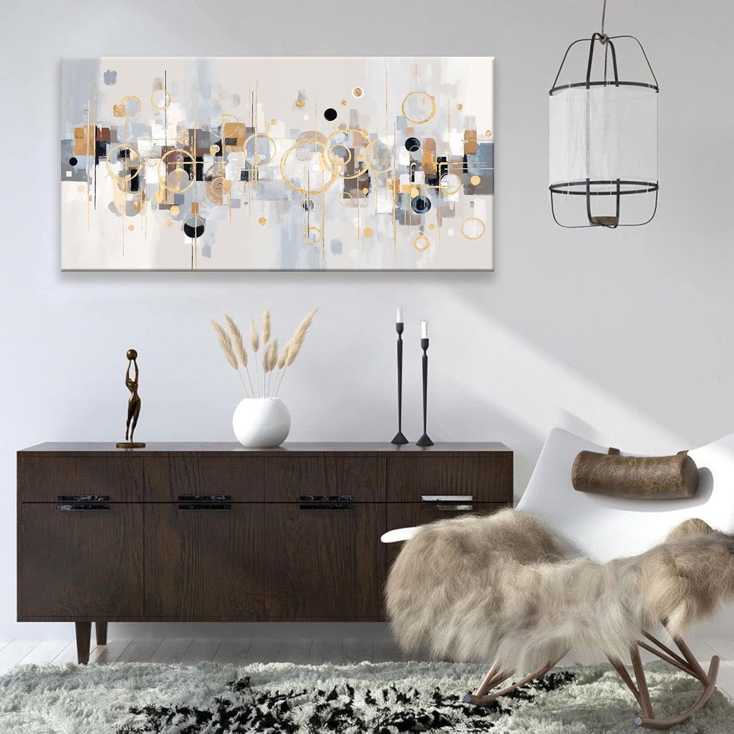 Abstract Gold Circles Grey Wall Art Decor Modern Minimalist Circles Artwork Canvas Wall Art For Bedroom Living Room Kitchen Office Home Wall Decor Ready To Hang 24x48 Inch