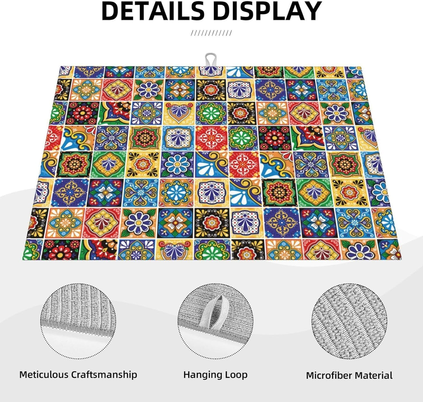 Mexican Talavera Tile Microfiber Dish Drying Mats, Colorful Absorbent Kitchen Mat for Dishes & Counter, 18 x 24 Inch Washable Foldable Reuasble, Kitchen Home Decor, Holiday Festival Housewarming Gift