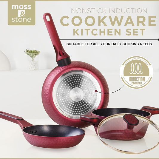 Moss & Stone 4 Piece Nonstick Cookware Set, Small Pots And Pans Set Non stick With Glass Lid, Induction Cookware, Stay Cool Handle, PTFE/PFOA, Kitchen Cookware 4-Piece with Frying Pans Set & Saucepan