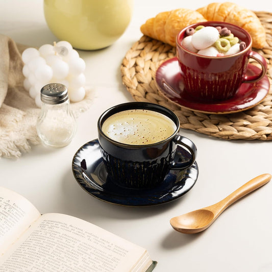 Ceramic Latte Cup with Saucer, 7 oz, Coffee Mug, Espresso Cups for Cappuccino, Milk Tea and Mocha, Dishwasher and Microwave Safe (blue)