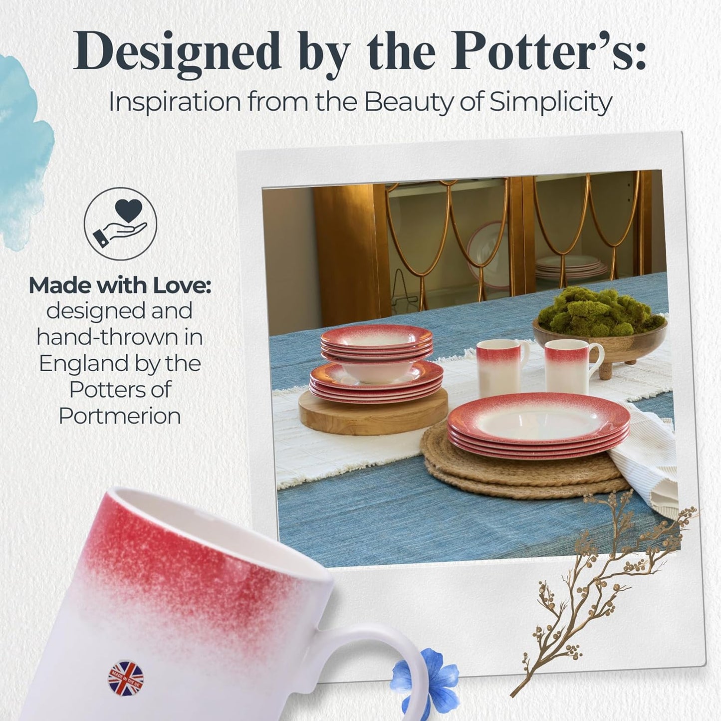 Portmeirion Potter's 9oz Mist Breakfast Mug (Set of 4) - Elegant Earthenware Tea Mugs with Handle, Microwave, Dishwasher & Freezer Safe - Classic Mist Design, Ideal Gift for Coffee Lovers (Red)