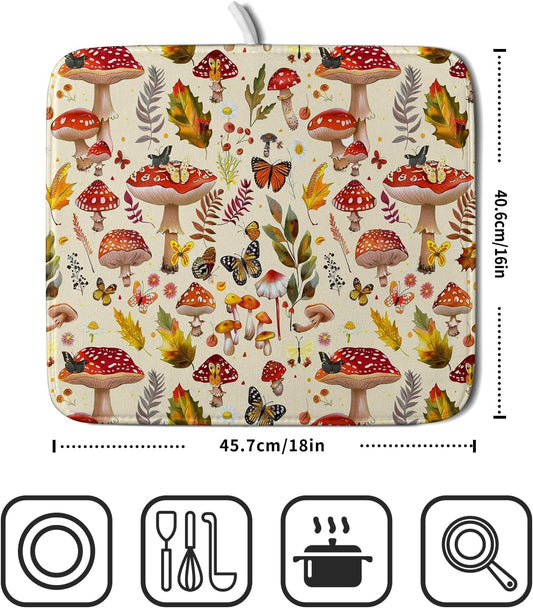 Forest Mushroom Dish Drying Mats Wild Plant Butterfly Kitchen Sink Rack Mats 16 X 18 Inch