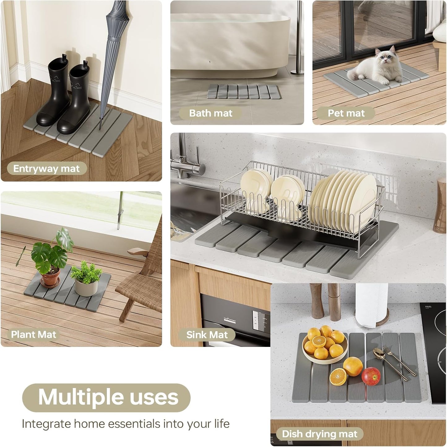 5 PCS 16" x 12" Stone Dish Drying Mat for Kitchen Counter, Quick Dry Stone Mat Diatomaceous Earth, Super Absorbent Drying rack for Dishes, Cups in Kitchen and Bathroom, Fits Any Countertop