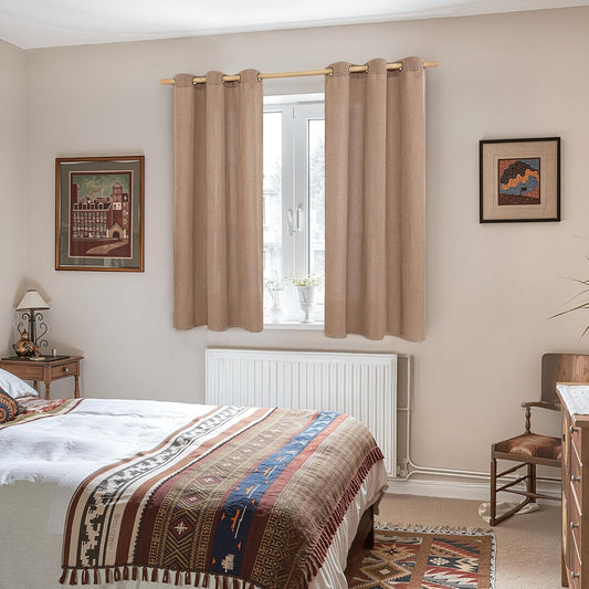 YoungsTex Mocha Linen Curtains 48 Inches Length for Living Room Window, Short Light Filtering Drapes with Bronze Grommet Fall Decor for Kitchen Bathroom Window, 2 Panels, 42 X 48 Inch