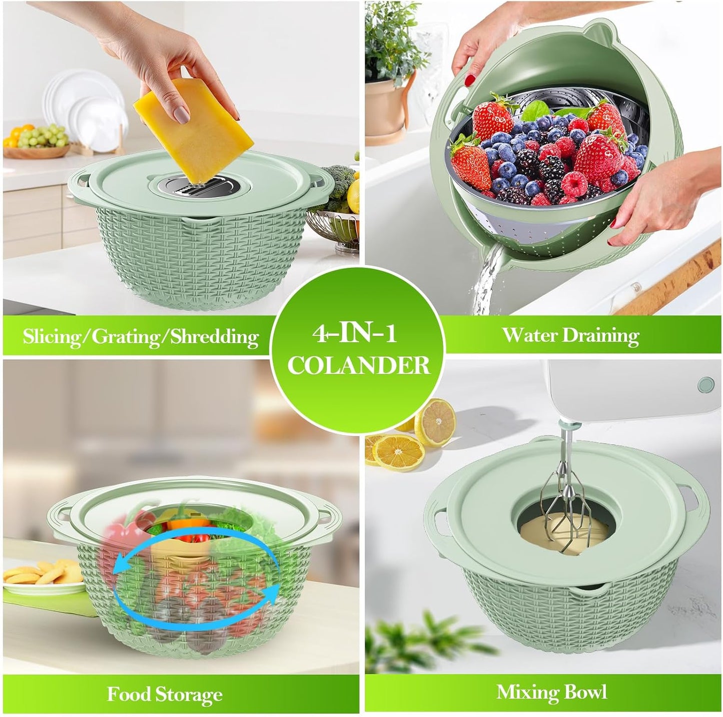4 in 1 Colander with Bowl Set, Food Strainers and Colanders, Colander for Kitchen, Pasta Strainer, Fruit Washing Bowl, Kitchen Essentials Strainer Basket Bowl, Green