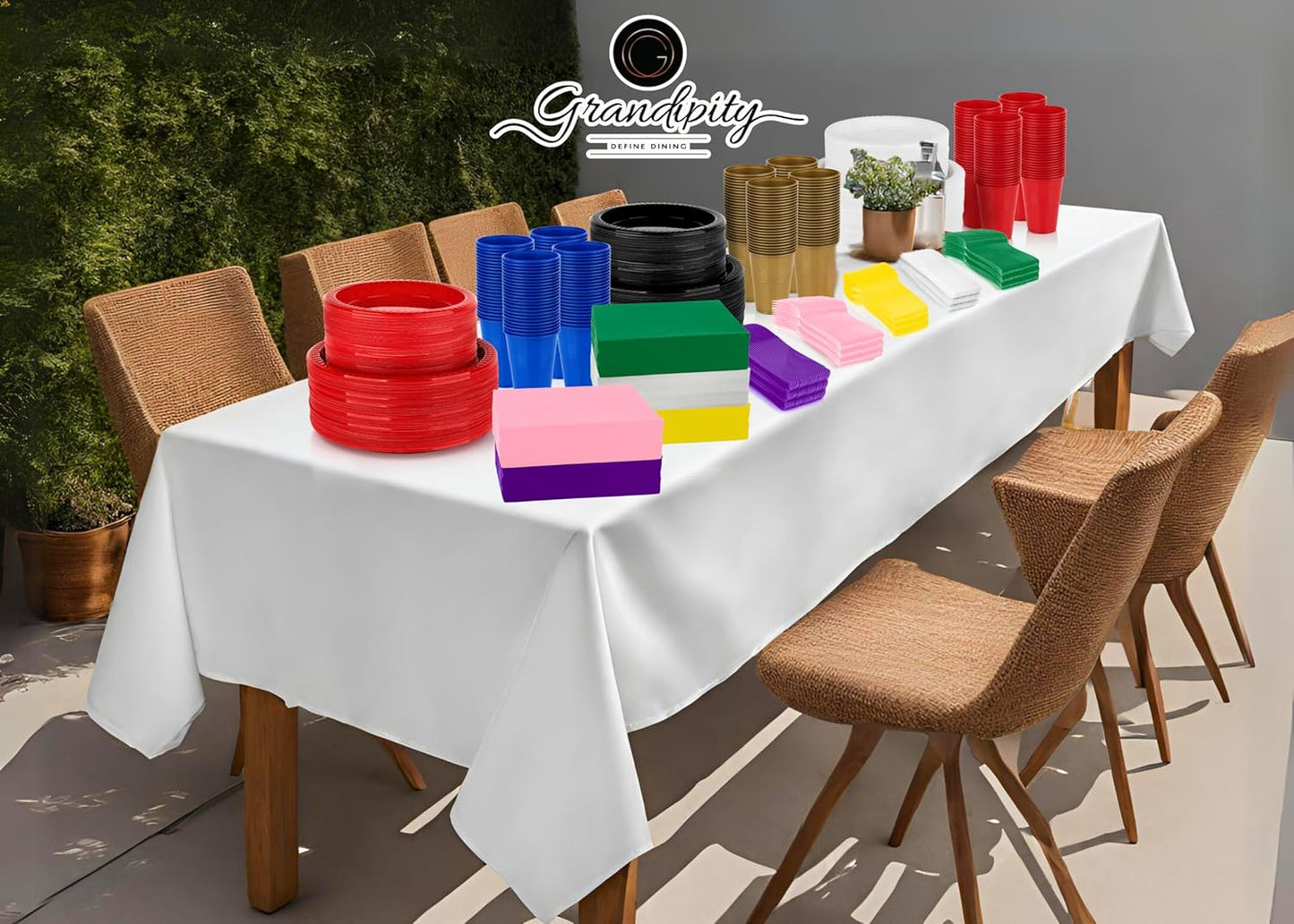 Grandipity 350 Piece Clear Disposable Dinnerware Set, Includes 50 of Each: 9" Dinner Plates, 7" Dessert Plates, 12oz Cups, Paper Napkins, Forks, Knives & Spoons