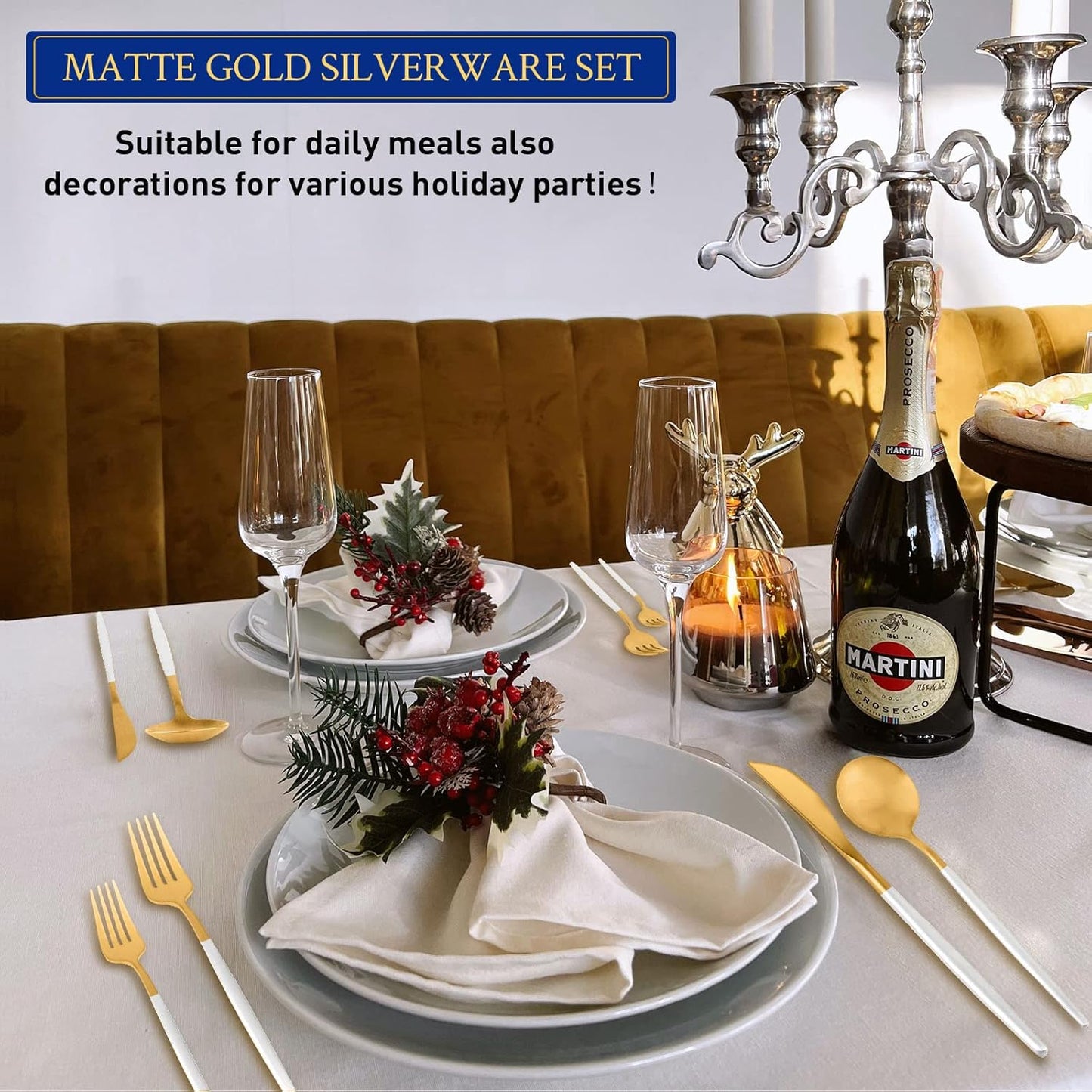 White And Gold Silverware Set for 8, 40-Pieces Matte Gold And White Handle Flatware Set, Stainless Steel Cutlery Tableware set, Kitchen utensils set Include Spoons And Forks Set, Dishwasher Safe