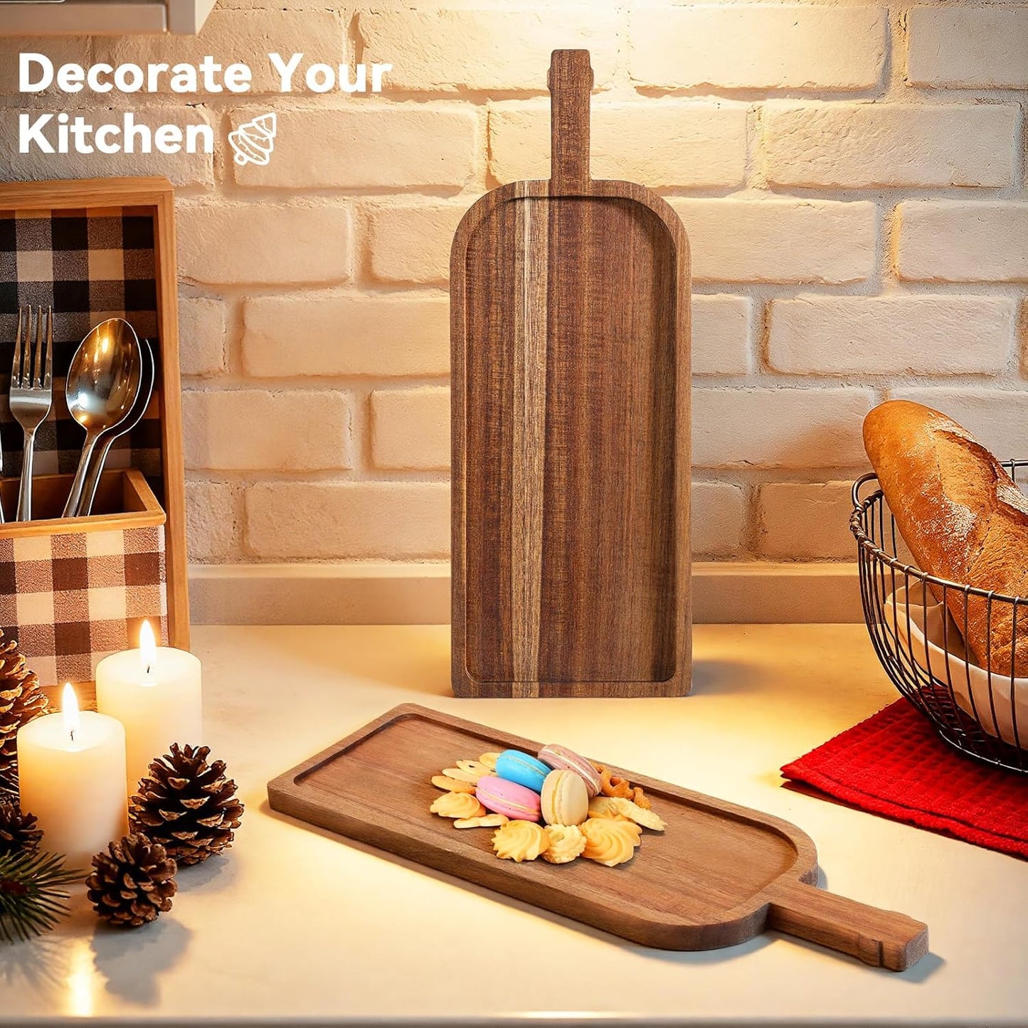 2 Pcs Christmas Charcuterie Boards, Wine Shaped Wooden Cutting Board with Handle, Acacia Wood Christmas Serving Tray for Cheese Fruit Bread Salad Vegetables Snack Dessert