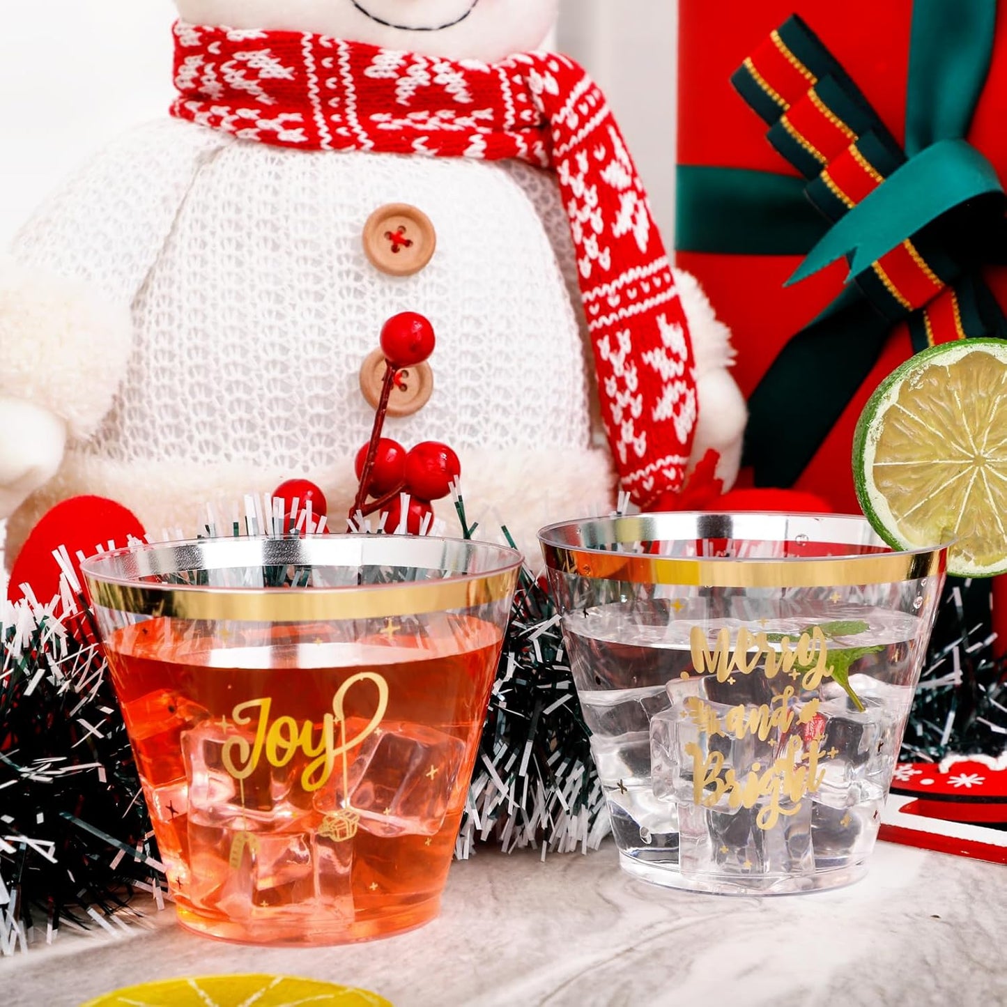 I00000 60 Pcs 9 oz Christmas Plastic Cups - Merry Christmas Party Cups - Gold Disposable Cups for Party Decoration - Cups Party Supply Drinkwear for Beer/Beverage/Snacks