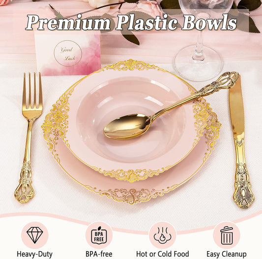 100PCS Pink Plastic Bowls - 12 oz Pink Gold Disposable Salad Bowls - Heavy Duty Disposable Soup Bowl - Fancy Plastic Ice Cream Bowl for Weddings Parties Dinners Picnics