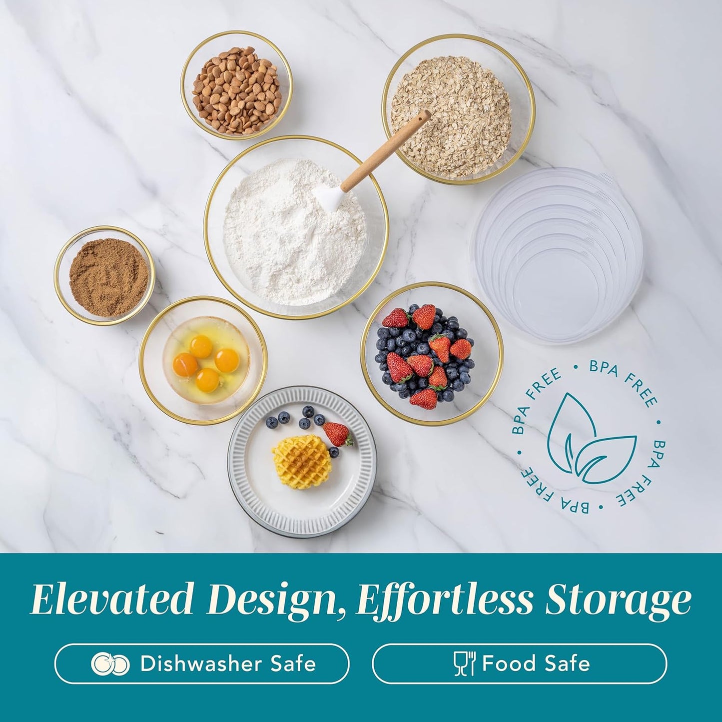 COOK WITH COLOR 12 Pc Glass Mixing Bowl Set with Lids – Borosilicate Glass Nesting Bowls for Cooking, Baking and Meal Prep, Gold Rim