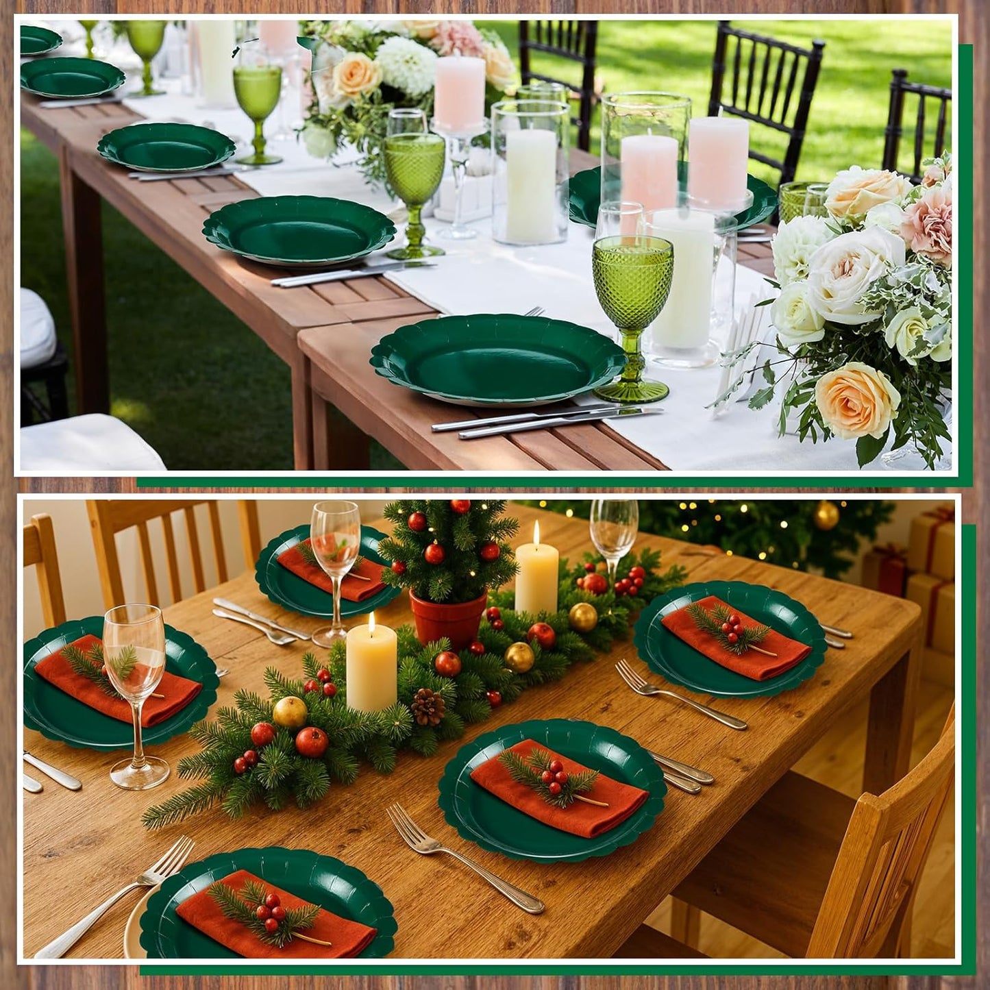 30 Pcs Dark Green Plates 9 Inch Scalloped Christmas Plates Disposable Green Dessert Dinner Plate Holiday Party Plate for Thanksgiving, Christmas, Birthday