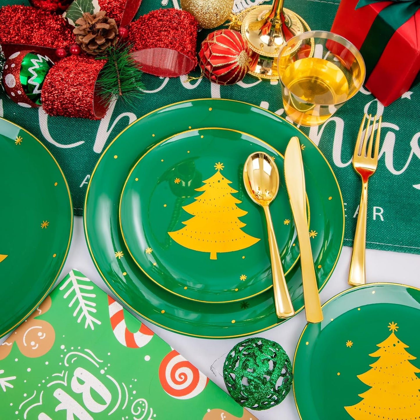 WDF 150pcs Christmas Plates Plastic Disposable - 25 Guests Green Plates with Gold Tree, Gold Plastic Silverware, Clear Gold Cups, Christmas Design Perfect for Christmas Parties, EJ