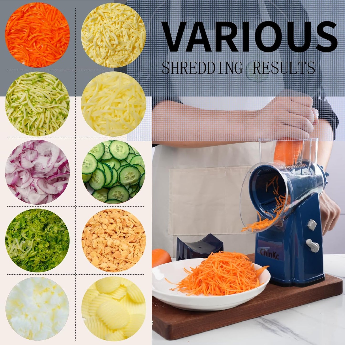 Rotary Cheese Grater Shredder - Upgraded 5 in 1 Cheese Grater with Handle and Strong Suction Base, Multi-purpose Julienne Slicer Ice Shaver Nuts Grinder for Ice, Vegetables, Fruit, Nuts