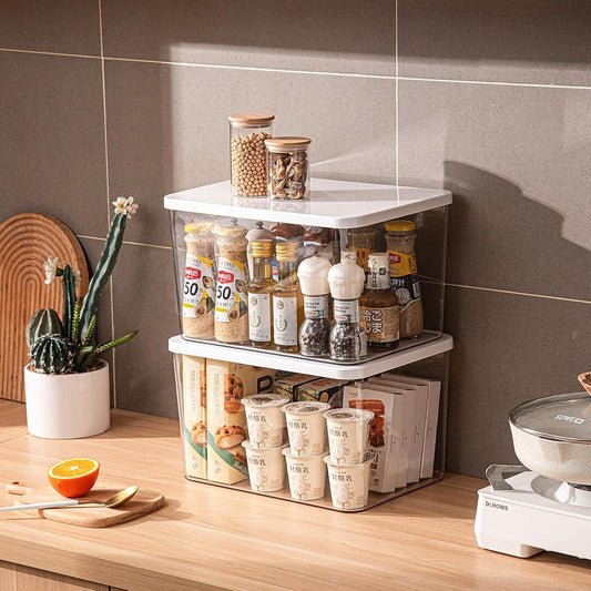 Clear plastic storage bins with LIDS-3packs,storage containers for snacks, cosmetics, books, dog food, Storage Organizer for Nursery,Kitchen, Living room,Bedroom, Bathroom, Office (Clear-White Lid)