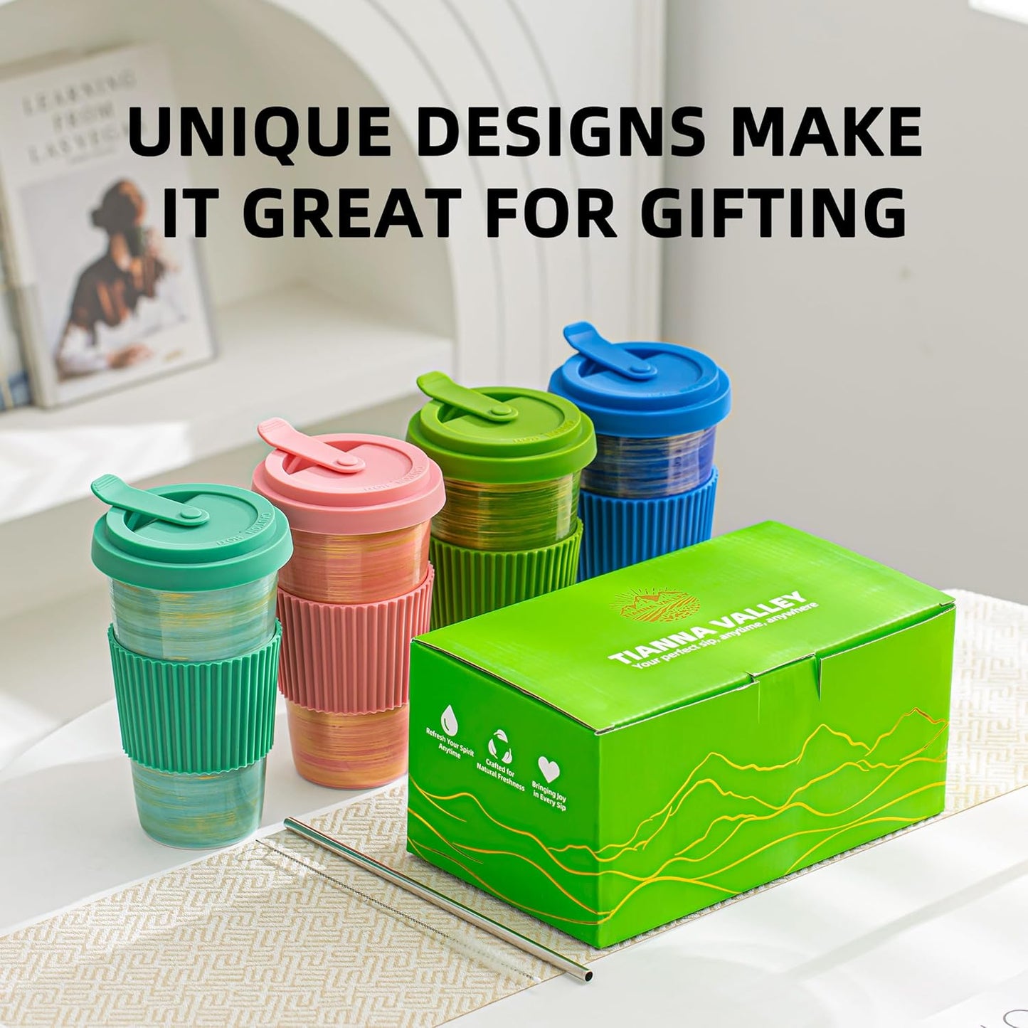 Travel Coffee Mug Green, Ceramic Coffee Mug With Lid And Drinking Straw(15oz/450ml), Handcrafted Novelty Travel Mugs, Microwave & Dishwasher Safe Tumbler With Lid, Unique Gifts