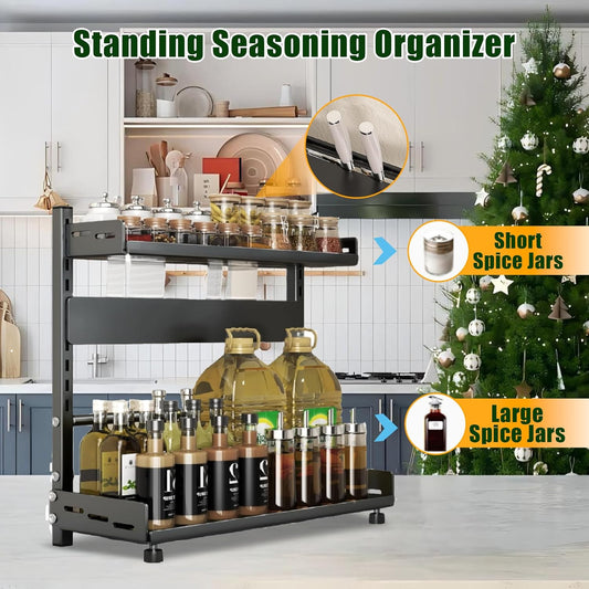 Spice Organization for Cabinet | 2 Tier Standing Height-Adjustable Spice Rack | Large Metal Rust-Proof Seasoning Organizer | Kitchen Storage Organization Shelf for Pantry Bathroom (2-40CM Black)