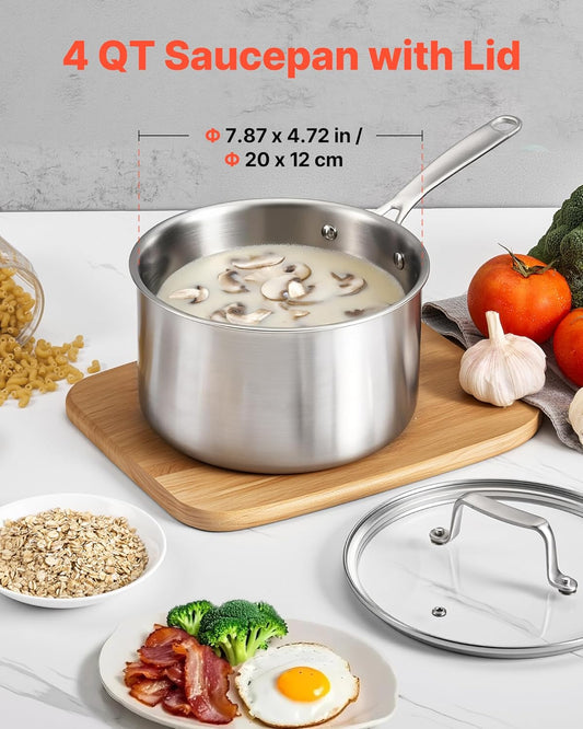 VEVOR 4 QT Saucepan, Stainless Steel Saucepan with Glass Lid, Multipurpose Nonstick Stainless Steel Small Cooking Sauce Pot with Ergonomic Handle, Friendly for Oven, Dishwasher, Induction Cooker