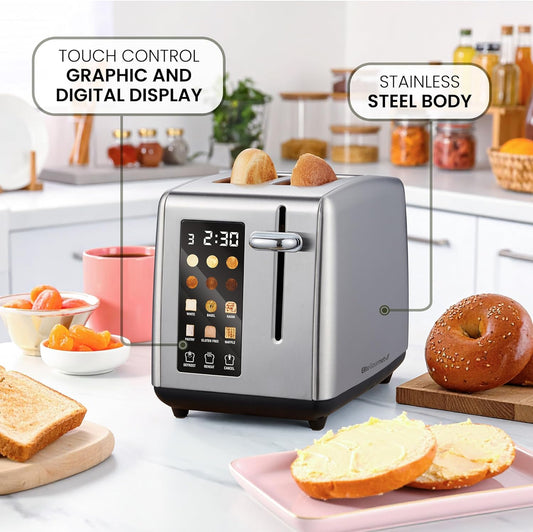 Elite Gourmet ECT2899 LCD Touch Toaster, 2 Extra-Wide Slots, 6 Toast Shades, 6 Preset Menus Including Bagel Waffle Gluten-Free, Defrost Reheat Cancel Functions, Stainless Steel