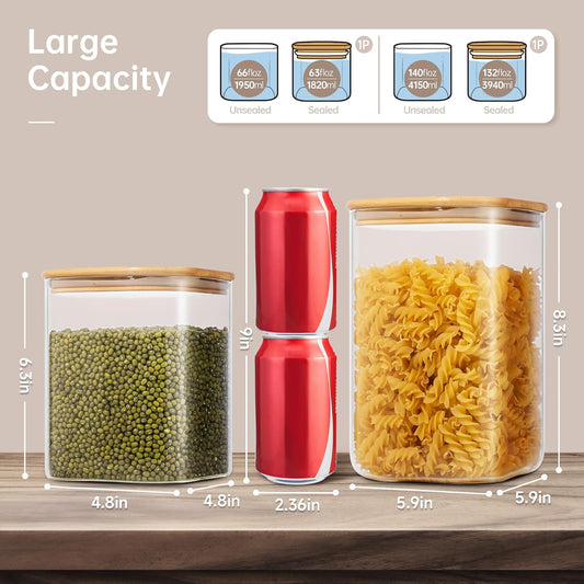 Extra Large Square Glass Flour & Sugar Storage Containers with Airtight Lids, 132oz & 63oz - 2 Pack Glass Jars with Bamboo Lids, Air tight Pantry Food Storage Containers for Cereal, Pasta, Rice