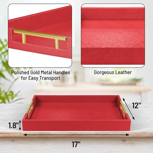 17" x 12" Wood Serving Tray with Gold Polished Metal Handles, Home Decorative Wooden Rectangle Ottoman Leather Decor Platter Bathroom Vanity Tray for All Occasions Red