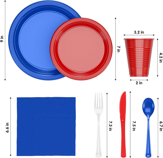 Party Solids 4th Of July Plates And Napkins Sets 350 Pieces Red White & Blue Plates And Napkins 4th Of July Decorations, 50 Of Each 9" Dinner Plate Set, 7" Plate, Cups, Napkins, Cutlery Dinnerware