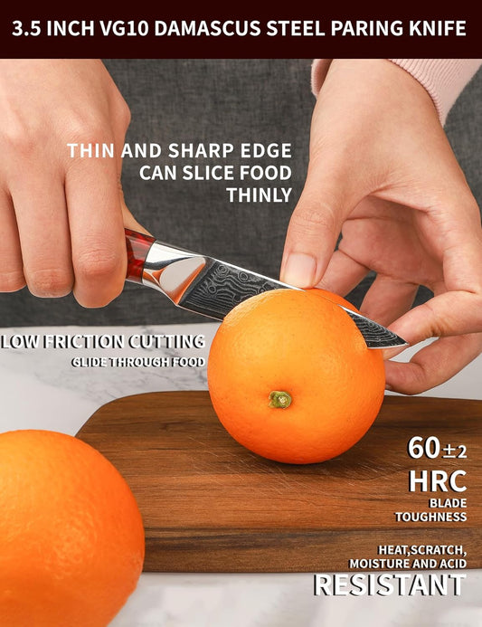 3.5 Inch Paring Knife - Kitchen Fruit Vegetable Knife Damascus Steel & Resin Handle - Xuan Series (Sunset Red)