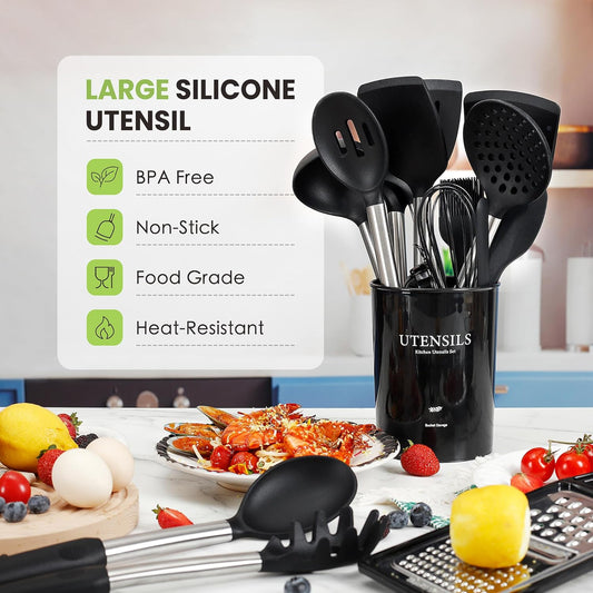 Large Cooking Utensils Set, 35 Pcs Kitchen Utensils Set with Holder, Silicone Spatula Set with Stainless Steel Handle, Whisk, Basting Brush, Kitchen Gadgets for Nonstick Cookware (Black)