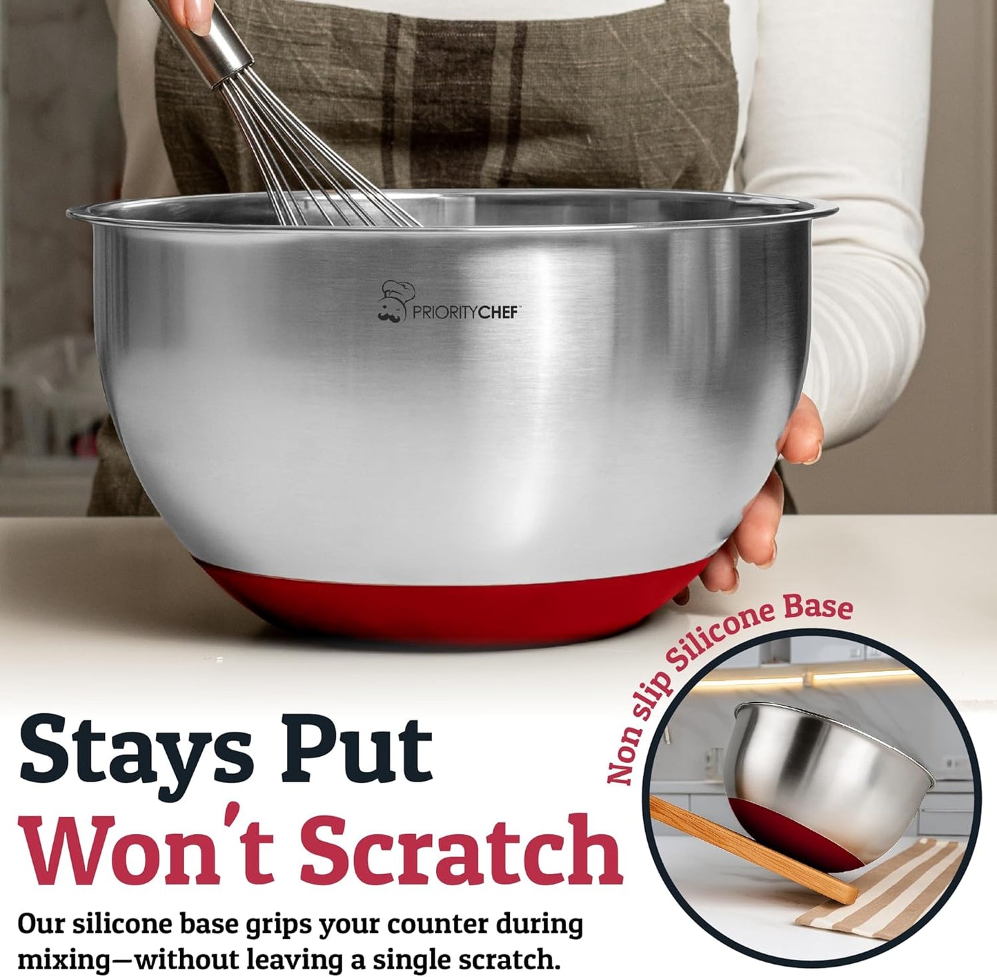 Priority Chef Stainless Steel Mixing Bowls with Lids Set, Metal Nesting Bowls with Airtight Lids, Graters, Non-Slip Base & Measurement Marks, Includes Utensil Set for Prep, Baking & Storage, Red