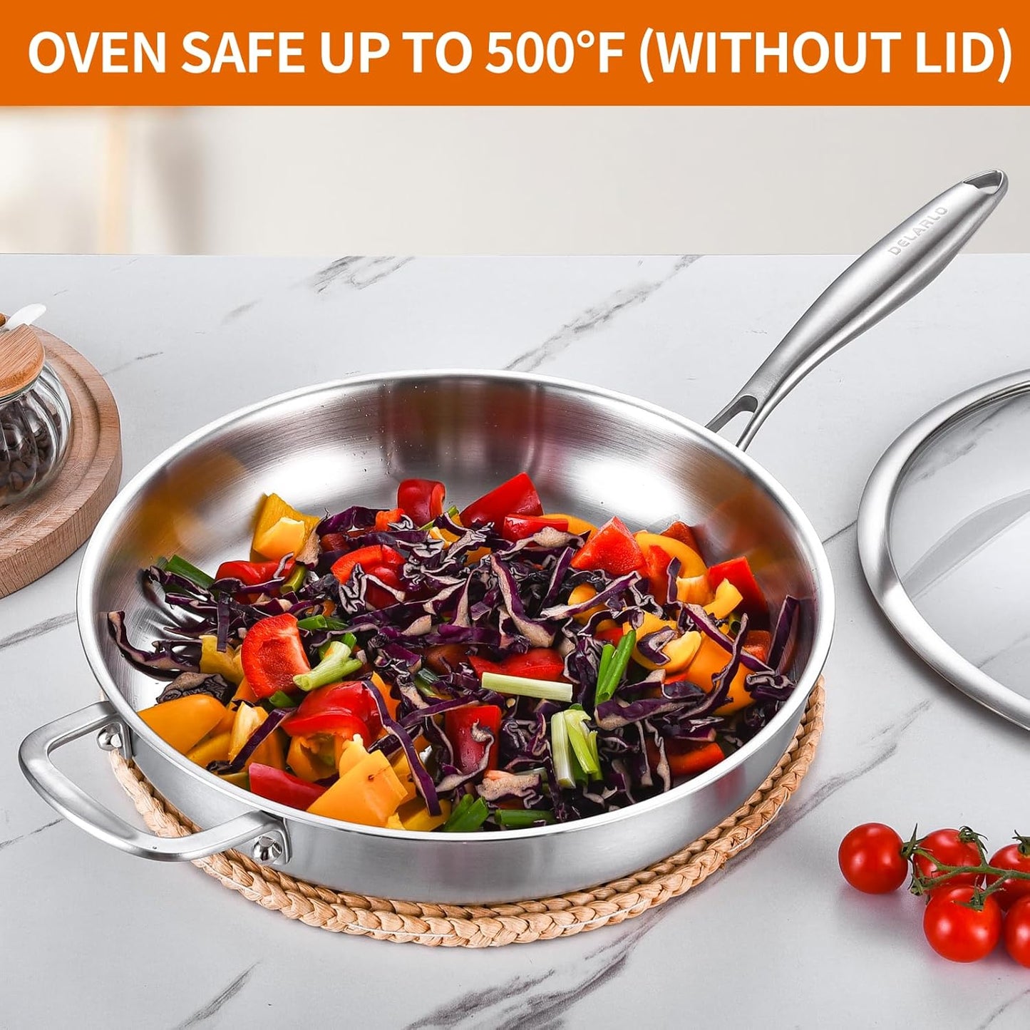 DELARLO Stainless Steel Pan 14-Inch, Large Frying Pan with Lid, Heavy Duty, Compatible with Induction, Gas and Electric up to 650℉, Fast & Even Heating, Durable, Dishwasher, Oven Safe Skillet