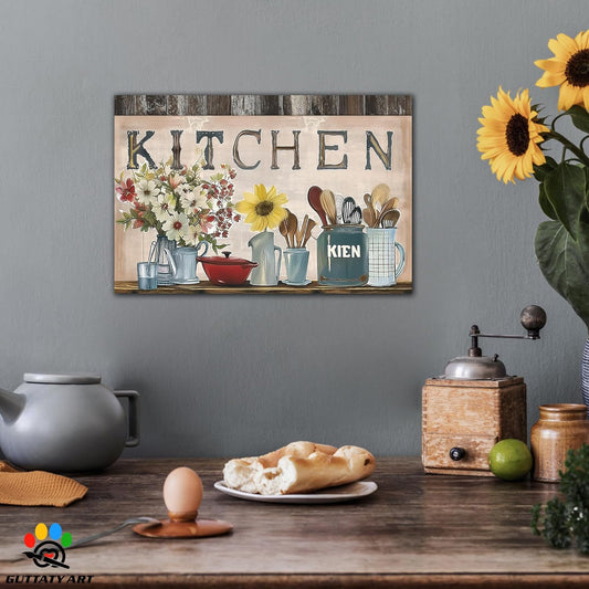 GUTTATY Farmhouse Wall Art Rustic Kitchen Decor, Ready to Hang Kitchen Canvas Print Sunflowers And Various Spoons,Retro Posters Prints for Dinning Room Home Kitchen Restaurant Painting 18×24 Inch