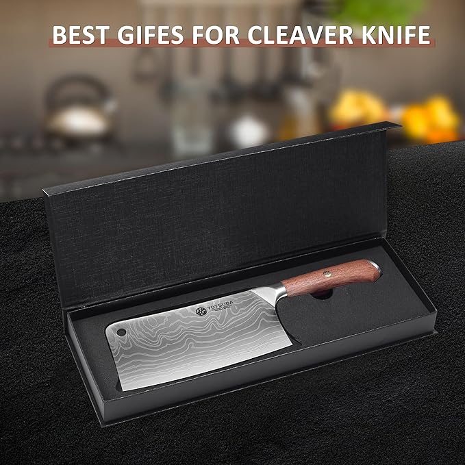 YOTSUBA Cleaver Knife 7 inch Ultra Sharp High Carbon Steel Vegetable Meat Cleaver with Ergonomic Rosewood Handle, Professional Butcher Knives for Home Kitchen and Restaurant with Gift Box