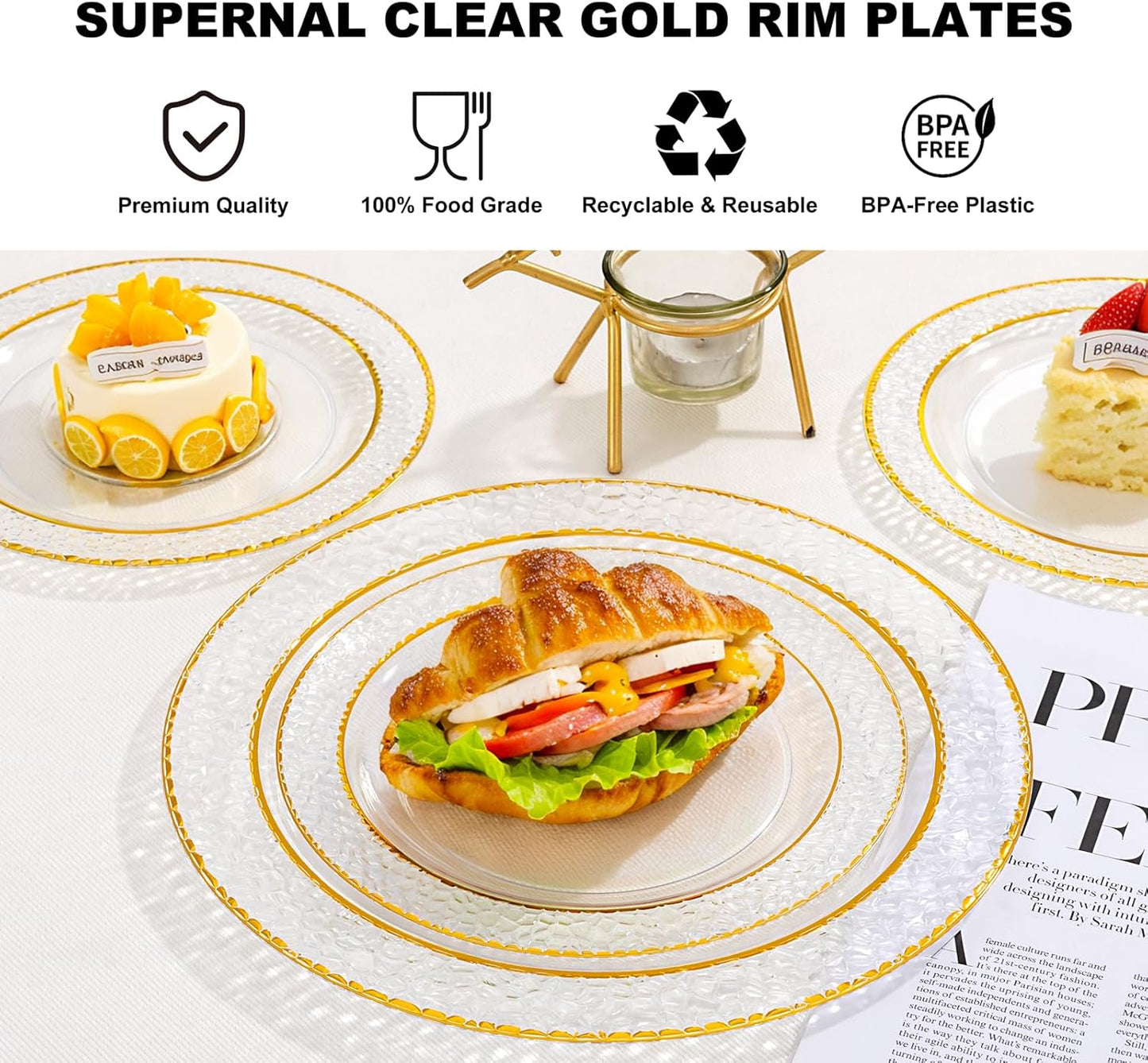 Ciaell 150PCS Clear Gold Plastic Plates - Disposable Gold Rim Plates include 25Dinner Plate, 25Dessert Plate, 25Forks, 25Knives, 25Spoons, 25Cups for Wedding & Party & Thanksgiving