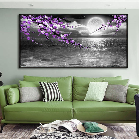 yiijeah Extra Large Paintings for Living Room - Purple Wall Decor Plum Blossom Moon Ocean Canvas Picture Framed Artwork Black and White Seascape Wall Art Home Bedroom Decoration
