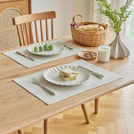 Softalker Faux Linen Placemats Set of 8-12 x 18 Inch, Heat Resistant Double Layered Durable Burlap Farmhouse Place Mats, Non-Slip Washable Rustic Table Mats for Dining, Kitchen, Party(Cream
