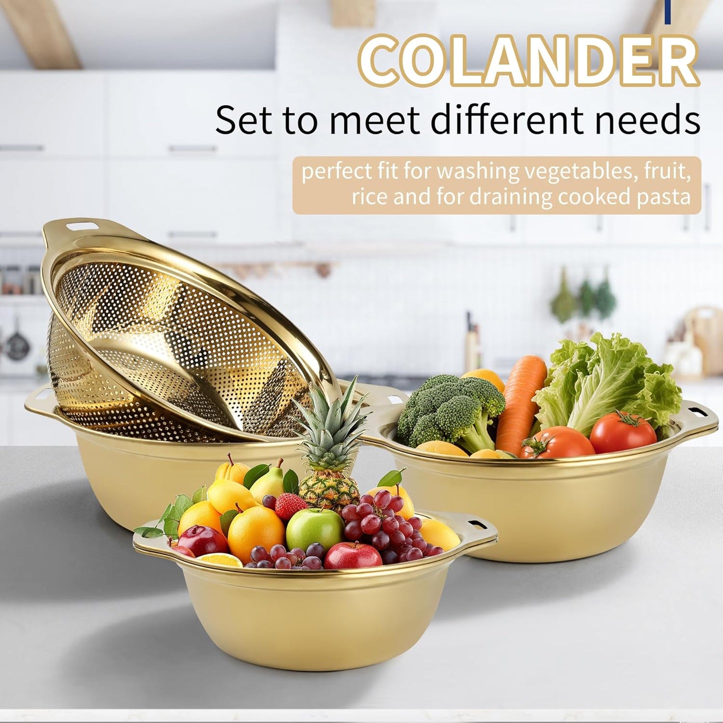 Colander 304 Stainless Steel 5-quart with Mixing Bowls, Strainer for Kitchen Food For washing vegetables, fruit, rice, Dishwasher Safe. (Gold 2PC)