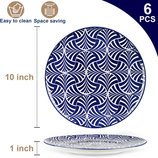 ZONEYILA Porcelain Dinner Plates, 10-Inch Ceramic Plates for Salad, Pancakes, Steak, Large Size Serving Plate for Parties, Restaurant - Dishwasher & Microwave Safe, Set of 6 (Vintage Blue)