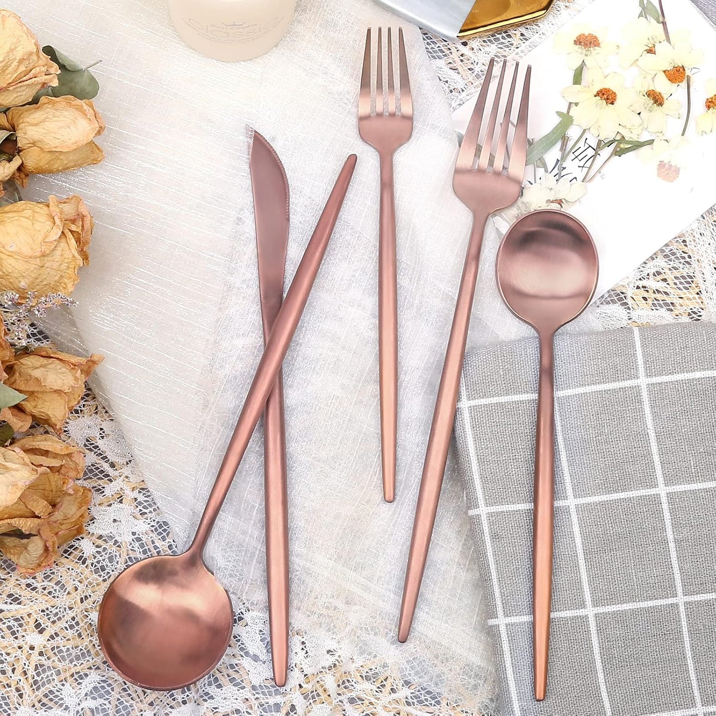 Matte Rose Gold Silverware Set 30 Pieces, FAMEWARE Stainless Steel Flatware Set,Service for 6,Kitchen Utensil Set, Tableware Cutlery Set, Satin Finished Polished & Dishwasher Safe