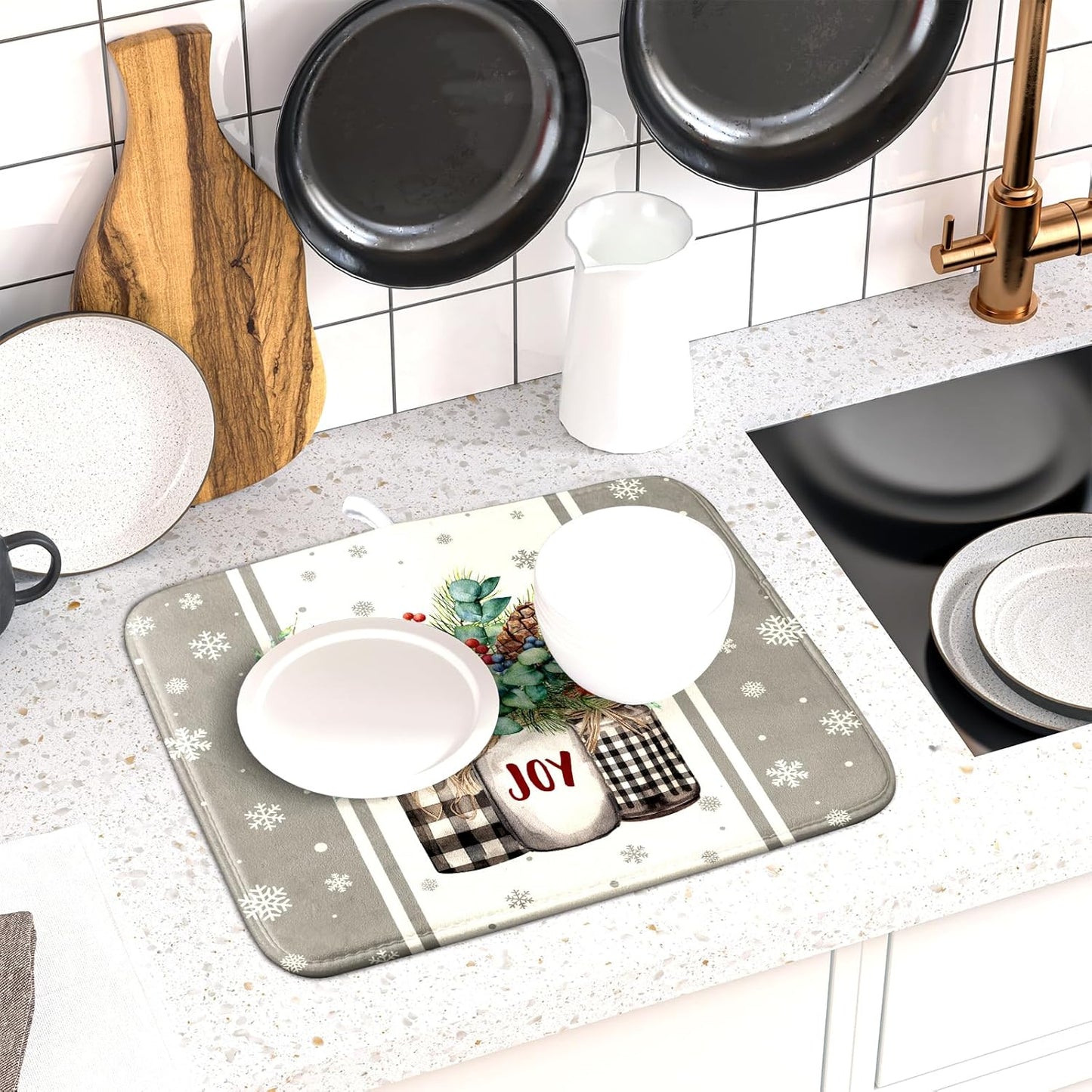 Winter Christmas Dish Drying Mat 16x18 for Kitchen Counter Xmas Joy Poinsettia Flower Berry Snowflake Absorbent Microfiber Fast Dry Dishes Draining Mats Holiday Kitchen Decor