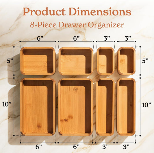 SMIRLY 8-Piece Bamboo Kitchen Drawer Organizer Set for Large and Small Utensils, Multi-use Storage Box - Bathroom, Nightstand, Jewelry, Cutlery, Knife, Spice, Towel, Junk Drawer Tray