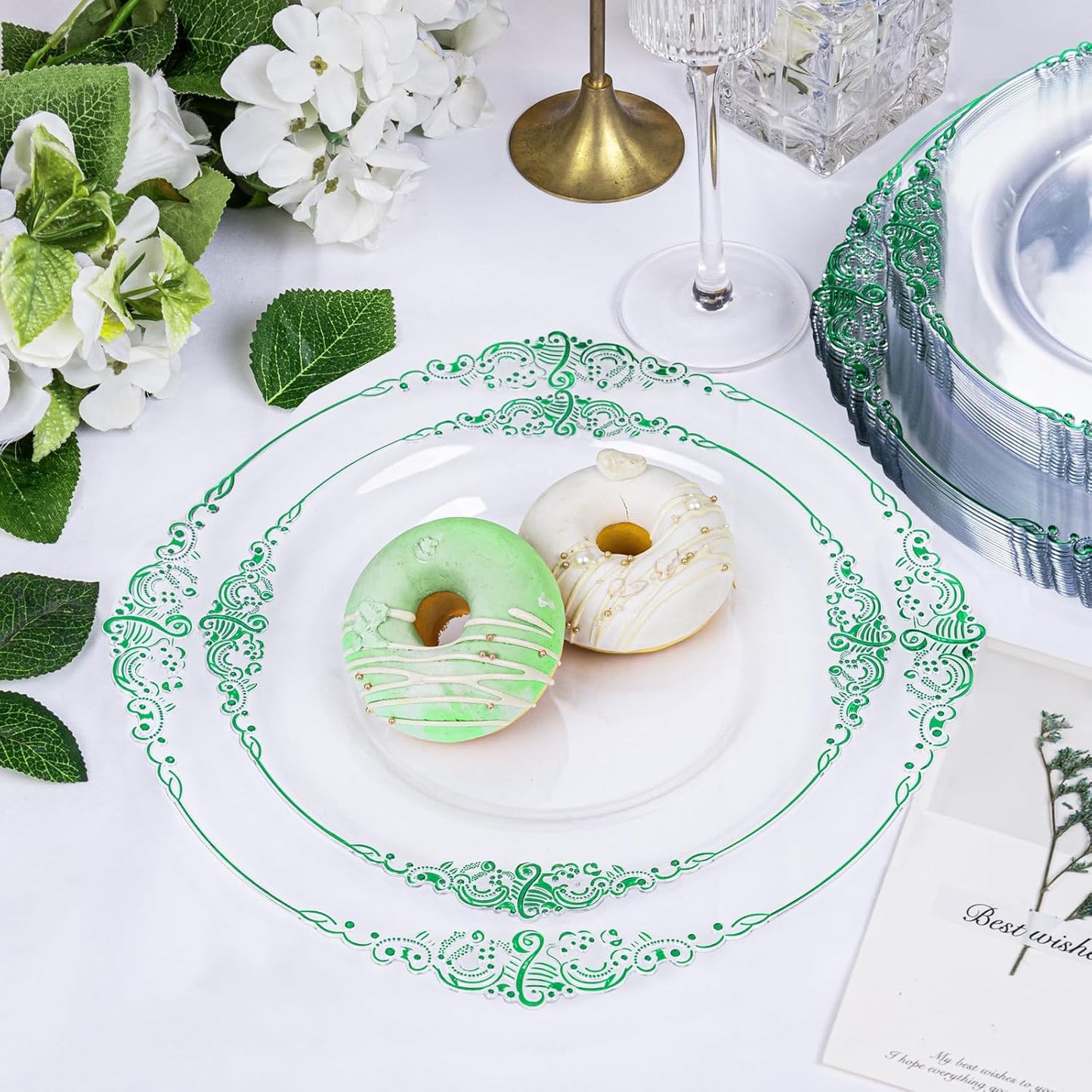 Hioasis 175pcs Clear Green Plastic Plates - Elegant Disposable Dinnerware Set Suitable for 25 Guests Include 10.25" Dinner & 7.5" Dessert Plates, Pre Rolled Silverware Set, Cups for Party & Wedding