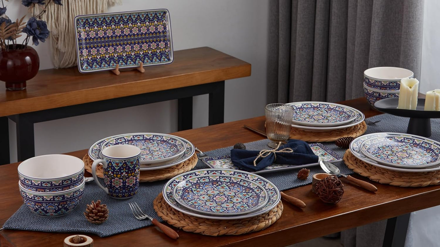 Bico Mandala Kaleidoscope Ceramic 14 inch Rectangular Serving Platter, Set of 2, for Serving Salad, Pasta, Cheese, Ham, Appetizer, Microwave & Dishwasher Safe