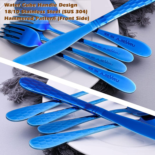Hammered 20-Piece Silverware Set for 4, 18/10 Stainless Steel Flatware Silverware Set, Unique Design Knife Fork Spoon Set for Home Kitchen Restaurant Wedding, Smooth Edge, Dishwasher Safe (Blue)