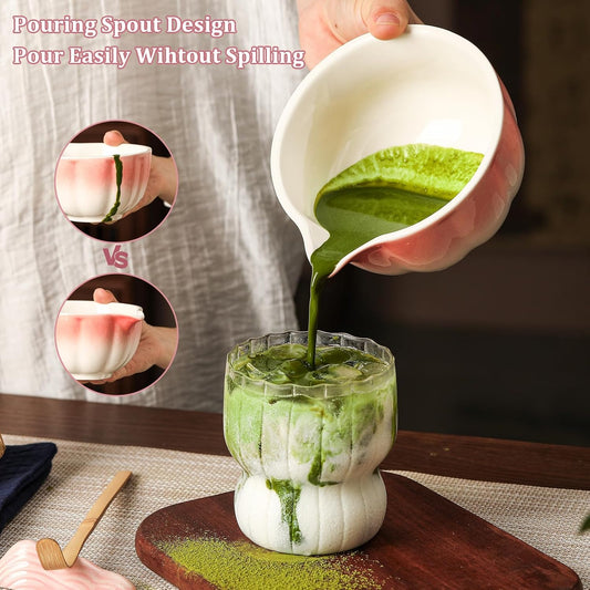 Matcha Whisk Set, 7-Pack Peach Pink Matcha Set - Include Petal Matcha Bowl with Spout, Bamboo Whisk, Chasen Holder, Sifter, Scoop, Tea Towel, Scoop Rest - Perfect Matcha Making Kit for Tea Lover
