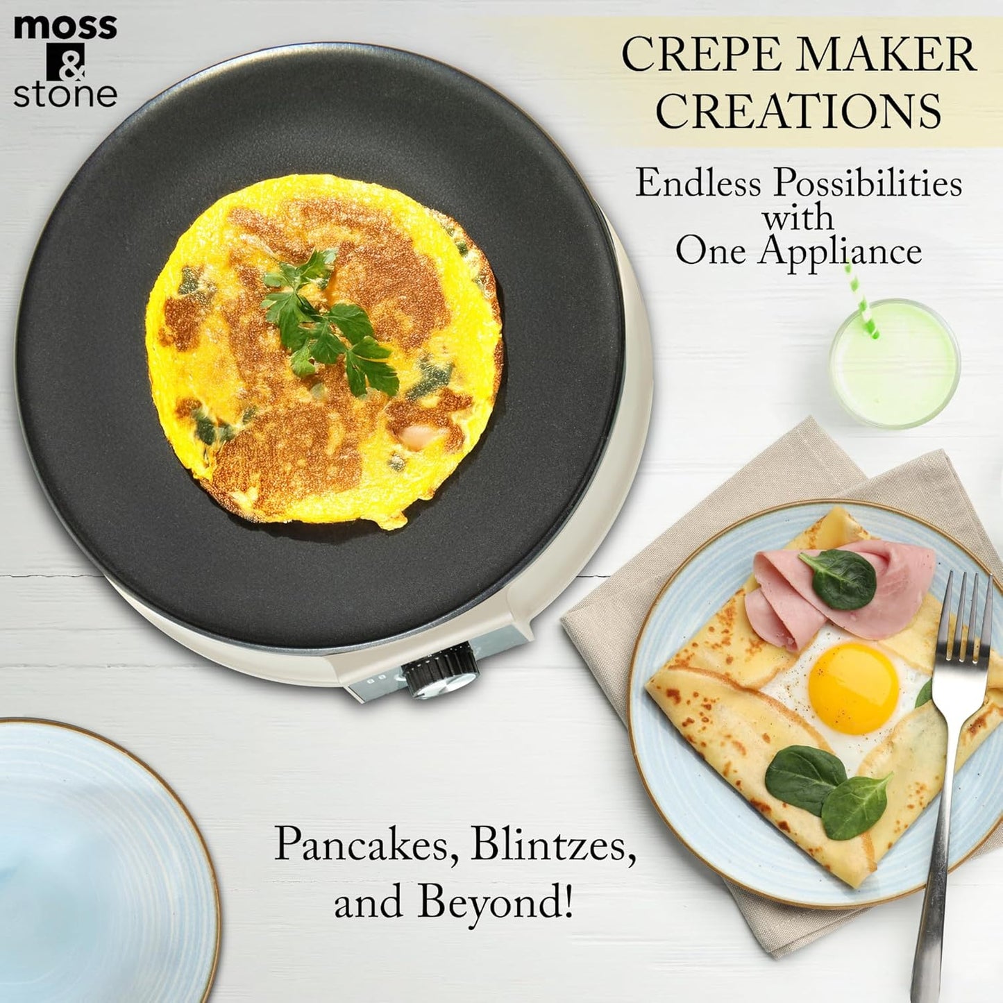 Moss & Stone 12” Electric Griddle Pan & Crepe Machine, Non-Stick Electric Crepe Maker with Adjustable Temperature, Includes Spreader & Spatula – Ideal for Pancakes, Blintzes & Tortillas