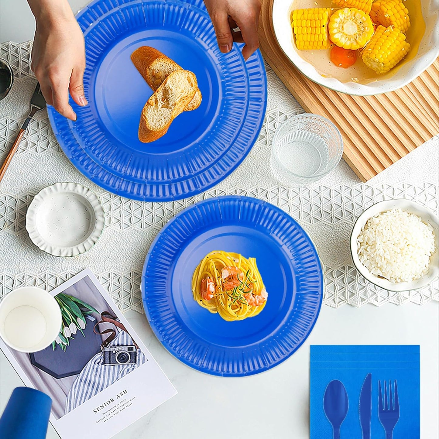 210pcs Thanksgiving Blue Paper Plates Disposable Tableware Party Supplies - Includes 9" Dinner Plates, 7" Dessert Plates, 9oz Paper Cups, Napkins, Plastic Forks Serves 30