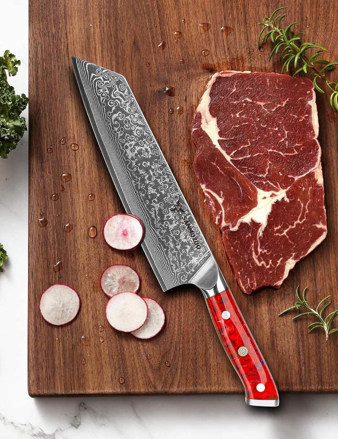 8.5 inch Kiritsuke Kitchen Chef Knife - 67 Layers Damascus Steel & Resin Handle - Xuan Series(Sunset Red)