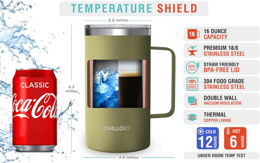 CHILLOUT LIFE Stainless Steel 20 oz Vacuum Insulated Coffee Mug with Handle and Lid, Large Thermal Camping Coffee Mug Cup with Durable Sliding Lid for Men & Women, Keeps your Beverages Hot/Cold