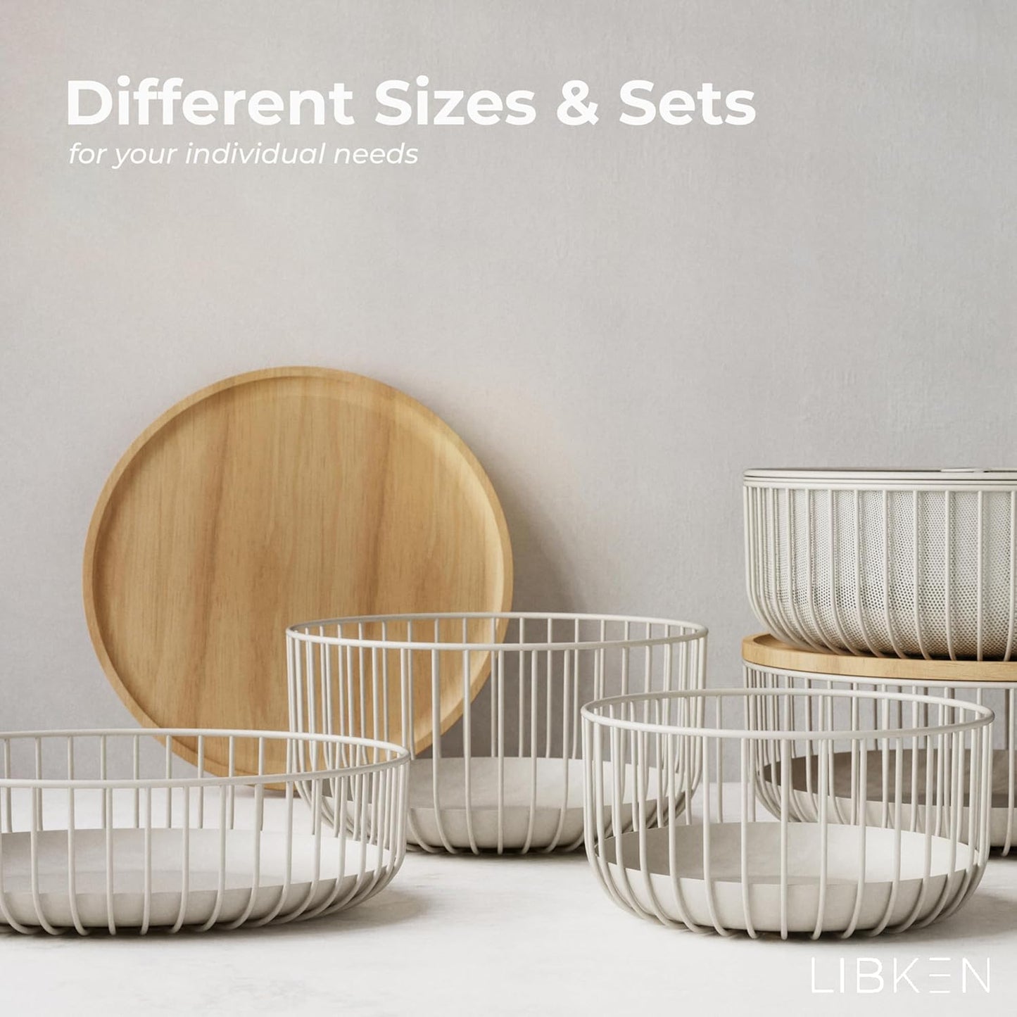 Fruit Basket for Kitchen - Multi-Purpose Stackable Basket with Wooden Lid - Powder Coated Metal and Rubber Wood - Wire Baskets for Organizing - Minimal Design - 4.5x11.4x11.4 - Warm Gray